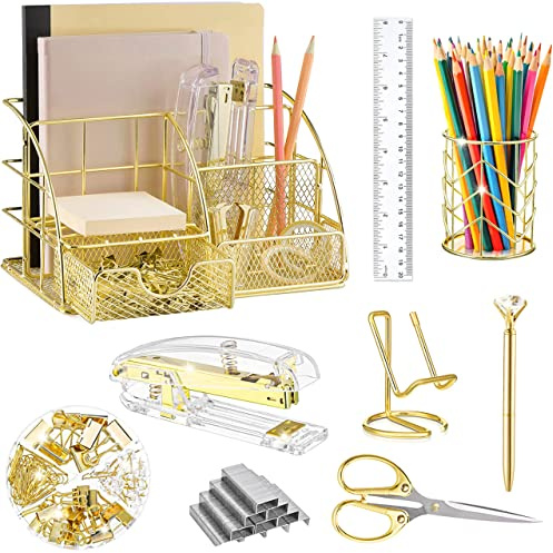KAAKOW - Organisateurs de bureau et accessoires de bureau - Ensemble agrafeuse, porte-stylo, support de téléphone, ciseaux, stylo, règle, 30 trombones, 22 pinces, 20 punaises et 1 000 agrafes (Doré)