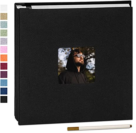 Yopih Self Adhesive Photo Album with Window, 60 Pages, 33x32cm, Black | Linen Cover, Photo Scrapbook, Metallic Pen, Photos 10X15 13X18 15X20 20X25 Cm, Wedding Baby Family