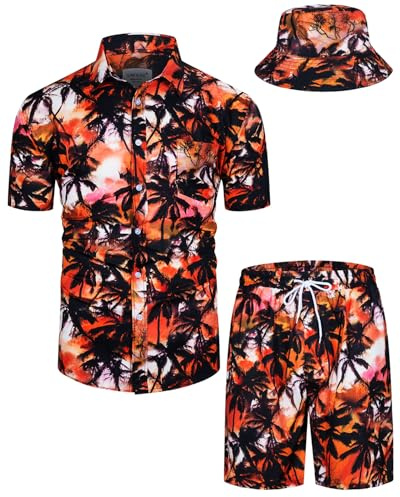 TUNEVUSE Conjunto de camisas y pantalones cortos hawaianos para hombre, 2 piezas, trajes de playa con estampado de flores, traje tropical de verano con sombreros de pescador