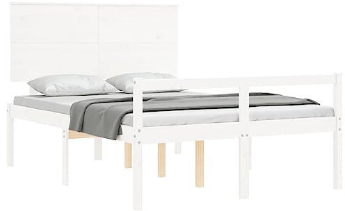 vidaXL Seniorenbett, Holzbett Bett mit Kopfteil Stauraum, Doppelbett für Senioren, Komfortbett Bettgestell mit Lattenrost, Schlafhöhe vom Boden 45cm, 140x200cm Weiß Massivholz