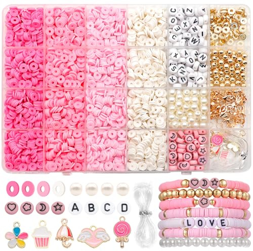 Dotilili 3164 Stück Rosa Polymer Clay Perlen Set, 6mm Heishi Perlen Zum Auffädeln Armbänder Selber Machen Set mit Buchstaben Anhänger Perlenset für Armbänder Halskette Ohrringe Schmuck (Rosa)