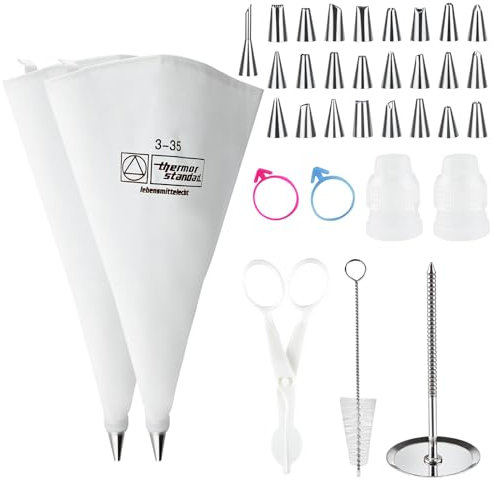 SHBAOCH Juego de 34 mangas pasteleras de nata con 25 boquillas diferentes de acero inoxidable y 2 mangas pasteleras de 34 cm reutilizables con boquillas