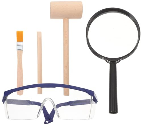 JOINPAYA Kids Dig Kit with Wooden Hammer and Archaeological Excavation Tools for Stem Learning Pretend Play Fossil and Gemstone Digging Set with Brush Magnifier and Goggles for Children