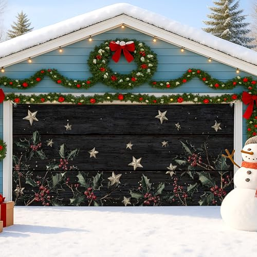 Copertura per porta del garage di Natale vintage, con agrifoglio nero e stelle, grandi decorazioni per porte del garage, decorazione invernale per interni ed esterni, sfondo per feste di vacanza, 390