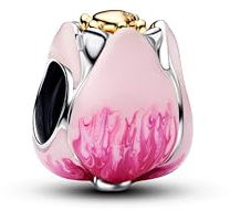 PANDORA Charm Rosafarbene Tulpe, 925 Sterling Silber mit 14 Karat Vergoldung, Tulpen Charm mit rosa Emaille und grünem Kristall Moments Armband, 764352C01