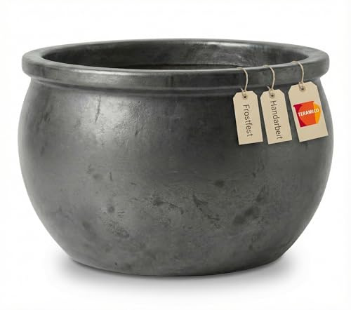 Teramico Pflanzgefäß Steinzeug handgefertigt | Frostsicherer Keramik Blumenkübel mit Abflussloch | Wetterbeständiger Übertopf Größen, ideal für Innen & Außen (Anthrazit, 35cm x 20cm)