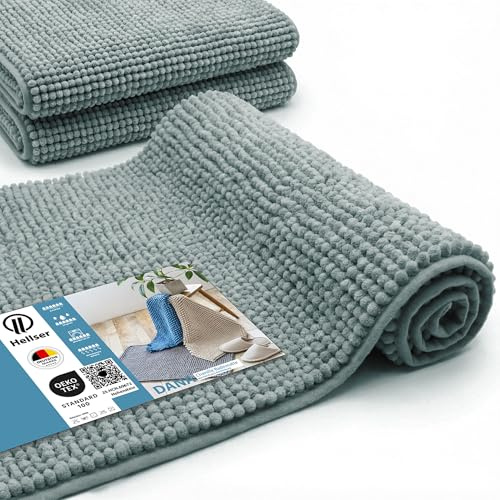 HELLSER Badezimmerteppich Dana | rutschfest & Waschbar | Weiche Chenille Badematte Kurzflor | Saugfähig & Schnelltrocknend | Oeko-TEX für Fußbodenheizung | Blau | 40x60 cm