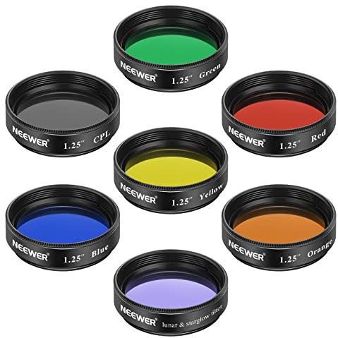 NEEWER Juego de 7 Filtros de Telescopio de 1,25, Que Incluye 5 Filtros de Color (Rojo/Naranja/Amarillo/Verde/Azul), Filtro Lunar Starglow, Filtro CPL para Observación Lunar y Astrofotografía