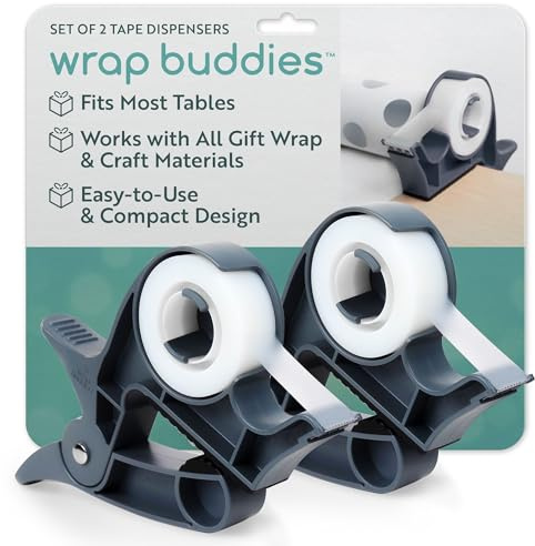 Wrap Buddies Tabletop Gift Wrapping Tool – Set of 2 Adjustable Wrapping Paper Table Clamps with Gift Wrap Tape Dispenser – One-Handed Tape Cutter – Perfect for Holidays and Crafting – Slate Grey