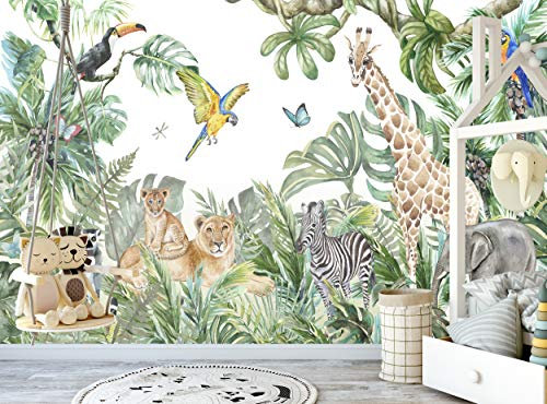 Photo Wallpaper Jungle and Animals Kids Children Bedroom Nursery Wall Mural W 366 cm x H 254 cm Paste Included Watercolor Wall Decoration Paper Poster Lions Giraffe Elephant