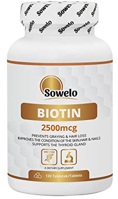 Sowelo Biotin I 2500 mcg I Nahrungsergänzungsmittel mit Biotin I Vitamin B7 I Stärkt Haut, Nägel und Haare I Gegen Alterung I 120 Tabletten