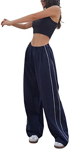 Springrain Womens Wide Leg Track Pants Slouchy Stripe Detail Jogger Sweatpants with Pockets(Navy-S)