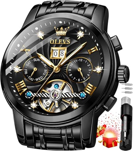 OLEVS Mens Watches Automatic Mechanical Gold Skeleton Luxury Dress Tourbillon Stainless Steel Waterproof Wrist Watch