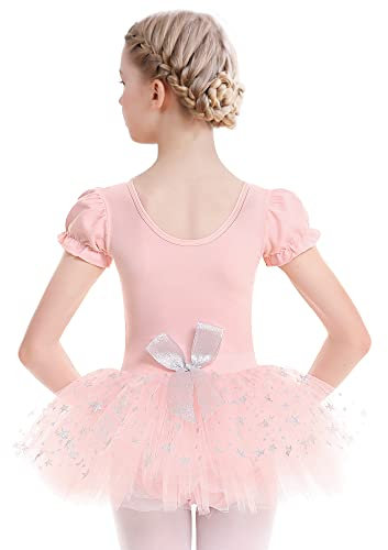 Aiseyi Ballettkleid Tanzkleid Mädchen Kinder Ballett Tutu Kurzarm Ballettanzug Baumwolle Tanzkleider Balletttrikot mit Rock Rosa 140