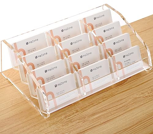 HeZone Business Card Holder Display for Desk Muitiple, Clear Acrylic Business card Stand Rack for Women and Men 12 slots 4Tier, Organize 600 cards (12 Slots