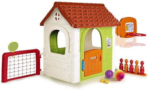 FEBER Multi Activity House 6in1, Casetta da Giardino per bambini con 6 Attività, Bowling, Racchette, Giochi con la Palla, Calcio, Pallacanestro, Bersaglio in velcro,da 3 anni, Famosa (FEH15000)