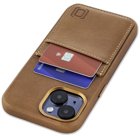 Dockem Custodia per Carte in Vera Pelle per iPhone 15 con Piastra Metallica Integrata per Magnetico, Portafoglio Cucito con 2 Tasche per Carte di Credito (Marrone Chiaro, M2GL)