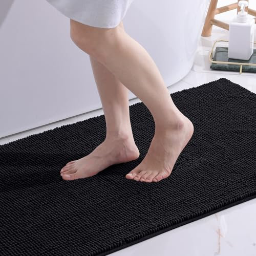 OLANLY Chenille Badematte rutschfest Badezimmerteppich Weich Badteppich Saugfähige Badvorleger Waschbar Duschvorleger für Badezimmer, 60 x 90 cm, Schwarz