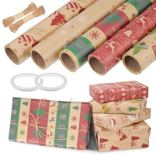 woric 5 rullar presentpapper jul, 3 m x 43 cm julpapper rulle kraftpapper presentpapper med hamparep julklappspapper för presentförpackning jul hantverk (rödbrun)