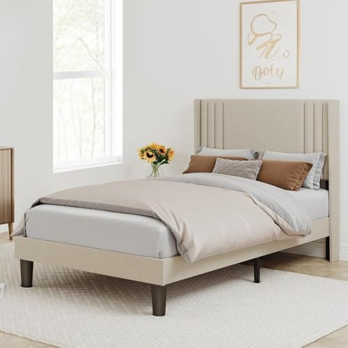 Bealife Polsterbett 120 x 200 cm mit Lattenrost – Stabiles Bettgestell aus Holz & Metall, Gepolstertes Doppelbett mit Kopfteil für Schlafzimmer & Jugendzimmer (Beige, 120 * 200cm)
