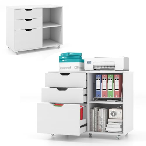KOMFOTTEU Armoire de Classement à roulettes, Caisson de Rangement, 3 Tiroirs & Casier à 2 Niveaux, Meuble de Rangement de Bureau, Étagère réglable, 81 x 40 x 66,5 cm (Blanc)