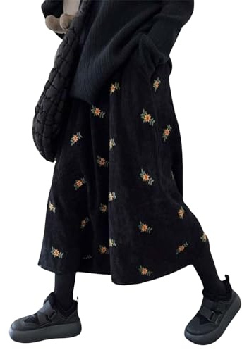 Womens Corduroy Floral Embroidery Long Skirts, Vintage Elastic High Waist A Line Corduroy Long Skirt with Pockets (Black,M)