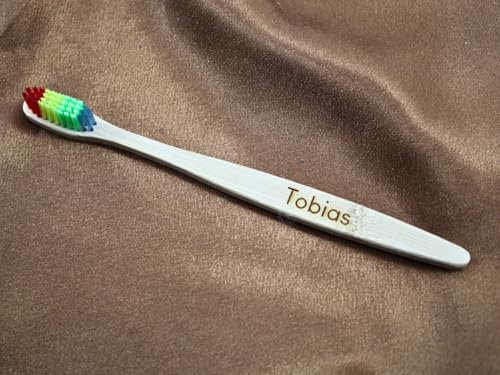 Spazzolino da denti in bambù naturale, 100% ecologico, con incisione arcobaleno