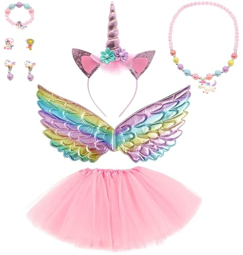 HTTDSLF Deguisement Licorne Fille Princess Enfant, Lot de 9 Accessoires de Costume de Licorne, Jupe Tutu Ailes Collier Bracelet Bagues Boucles d'Oreilles pour Carnaval Fête Anniversaire Cadeaux, Rose