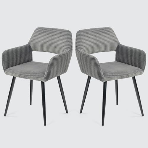 MEUBLE COSY Esszimmerstuhl 2er Set Küchenstuhl Polsterstuhl Wohnzimmerstuhl Sessel mit Armlehne, Sitzfläche aus Cordstoff, Metallbeine, Grau