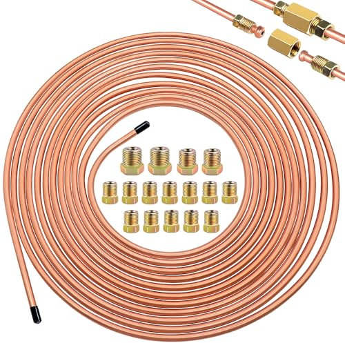 yotutun 7,62m Tubo di Freno in Rame, Ø3/16 (4,75mm) con 16 Connessioni Linea del Freno in Acciaio Condotti Freni In Rame Kit di Linee Freno Generale Bobina Di Ricambio per Automobile