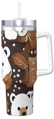 White Bear Brown Bear, borraccia termica a doppia parete in acciaio inox, con manico e coperchio con cannuccia