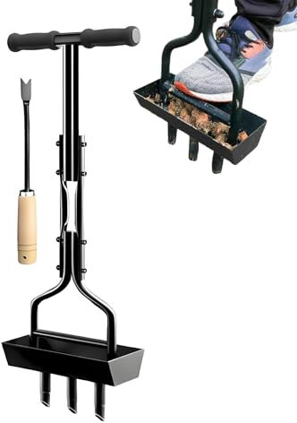 Aérateurs de Gazon Manuels - Aérateur de Pelouse - Outil de Carottage de Pelouse avec Plateau de Rangement pour Noyau de Sol - Scarificateur Gazon pour l'entretien du Jardin et de la Cour 95cm