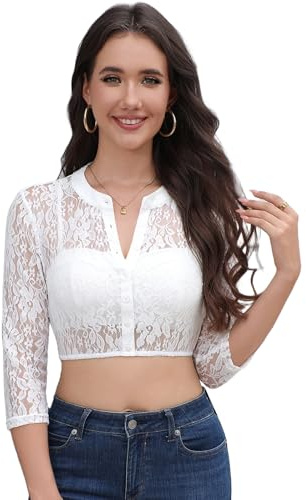 Zeagoo Dirndlblus dam spets traditionell blus 3/4 ärm svart rund hals spetsblus elegant vit Oktoberfest blus traditionella blusar med knapp XS–XXL, Vit, L