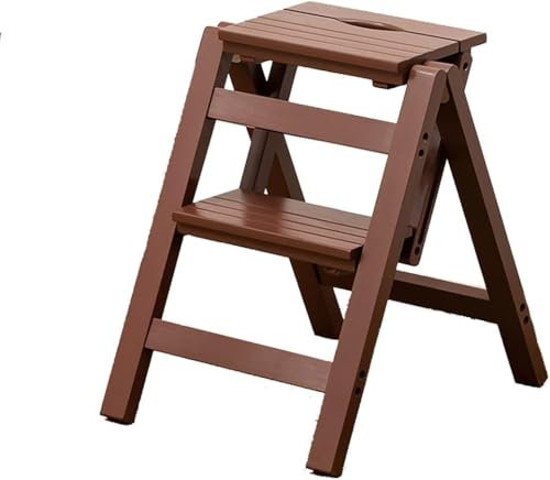 BGKASYHI Sgabello Pieghevole in Legno massello, Scala Pieghevole, Scale Decorative multifunzionali, per Cucina, Biblioteca Domestica, mensole per Fiori, Scale per Biblioteca, Colore caffè,