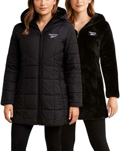 Reebok Womens Winter Jacket - Sherpa Fleece Lined Reversible Insulated Puffer Parka Winter Coats for Women with Faux Fur Hood, Size Small, Ebony