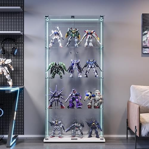 Vitrina de Cristal con LED y Cerradura, Armario Vitrina 78,5 x 35 x 163 cm, Vitrinas de Exposición de 4 Niveles con Estantes Regulables, Mueble Vitrina para Salón, Oficina, Figuras y Libros,Blanco-D