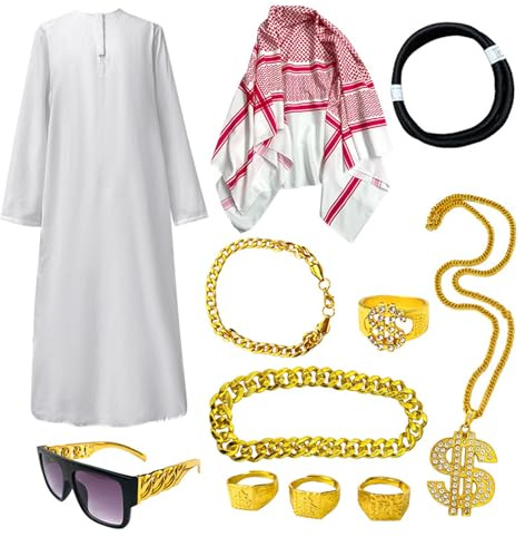Jekdräkt - arabisk vit morgonrock set för män, cosplay-tillbehör med urringning - komplett temafest-kit, multifunktionell kostymset | Guide till kostymer