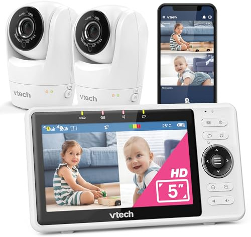 Vtech Smart Babyphone mit 2 Kameras, 1080p-FHD-Kamera und 5-HD-IPS-Bildschirm, WLAN, Geräusch-/Bewegungserkennung, Temperatursensor, geteiltem Bildschirm, Schwenk-Neige-Zoom-Funktion: VM901-2W