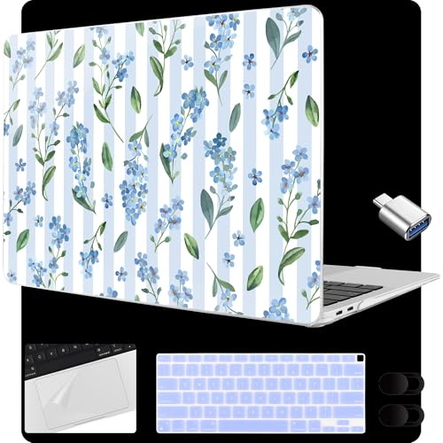 MEEgoodo for MacBook Air 13.3 inch Case 2021 2020 2019 2018 A2337 M1 A2179 A1932, Shell for MacBook Air M1 with Keyboard Webcam Cover & Trackpad Film & Type C Adapter, Blue Watercolor Flowers&Stripes
