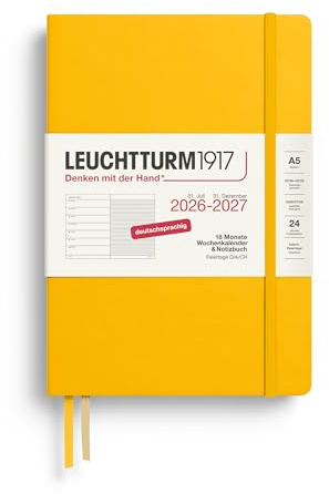 LEUCHTTURM1917 Agenda semanal 2027, A5, con cuaderno, a rayas, agenda alemana, 18 meses julio 2026 - diciembre 2027, girasol, tapa dura, 210 x 145 mm, vista semanal izquierda + página de notas a la
