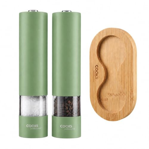 Cooks Professional Electric Salt and Pepper Mill Set with Bamboo Base | Battery Operated Automatic Grinders with Adjustable Grinding & One Touch Operation | Condiment Grinder & Stand | Green