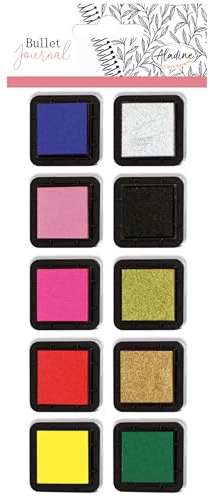 Aladine - Kit 10 Mini Encreurs pour Bullet Journal - Encres pour Tampons - 2,5 x 2,5 cm - Rouge, Vert, Jaune, Rose, Noir, Bleu, Doré, Argenté, Cuivré - Pour Carterie, Loisirs Créatifs - Izink - 03915