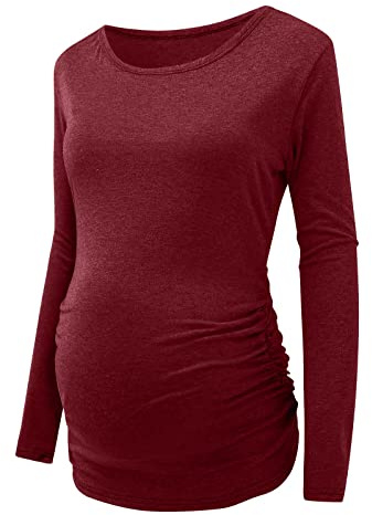 DAY8 Vêtement Femme Enceinte Hiver Pas Cher à la Mode - Chemise Automne, Haut Manche Longue Printemps, Maternité T-Shirt Grossesse, Tunique Tops Blouse Solide (XL, Rouge)