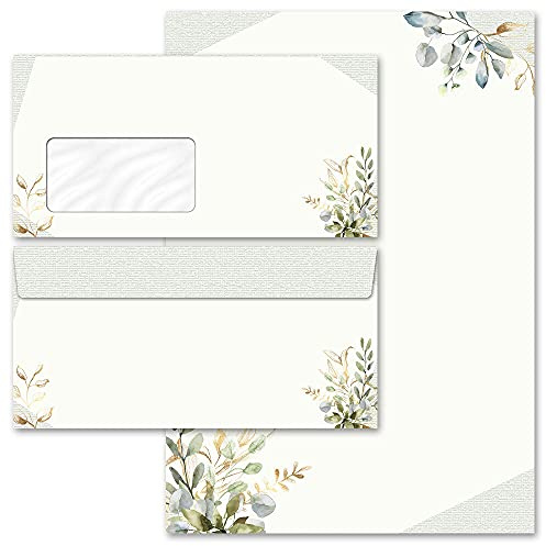 Stationery-Sets Green Branches Flowers Motif 50 Sheets of Stationery Paper + 50 Matching envelopes DIN Long with Windows