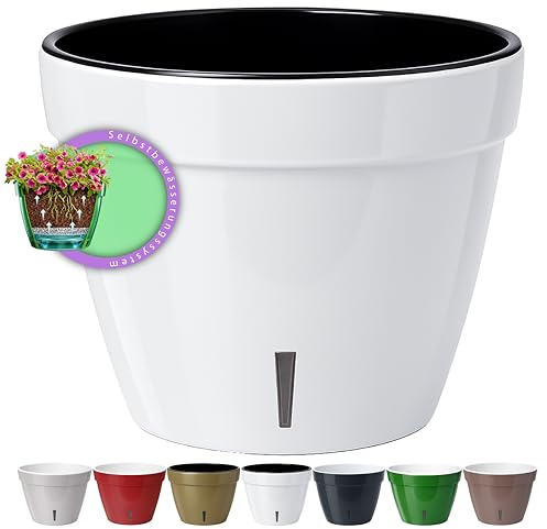 Santino ASTI 18 cm självvattnande blomkruka med vattennivåindikator – rund premiumkvalitet inomhus blomkruka för anläggningar, blommor, örter (Ø 18 cm, höjd 14 cm, 2,5 l – vit/svart)