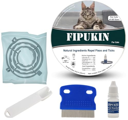 FIPUKIN Natural Flea Collar for Cats | High‑Rated Plant‑Based Protection, 8‑Month Waterproof Formula | Includes Grooming Comb & Tick Removal Tool