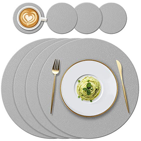 YUNJUER Round Silicone Placemats and Coasters Set, Heat-Resistant 450 °F, Non-Slip and Waterproof, Easy to Clean, Table Mats for Kitchen Dining Table Home Restaurant, 8 Pieces (Light Grey)