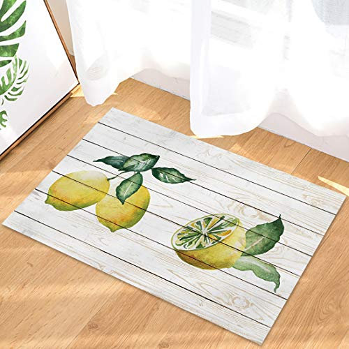 Badematten Gelbe Zitrone Im Sommerstil Auf Retro-Holzmaserung Haustürmatte Antibakterielle Fußabtreter Waschbar Badezimmerteppich Für Küche Schlafzimmer Haushalt 40X60Cm