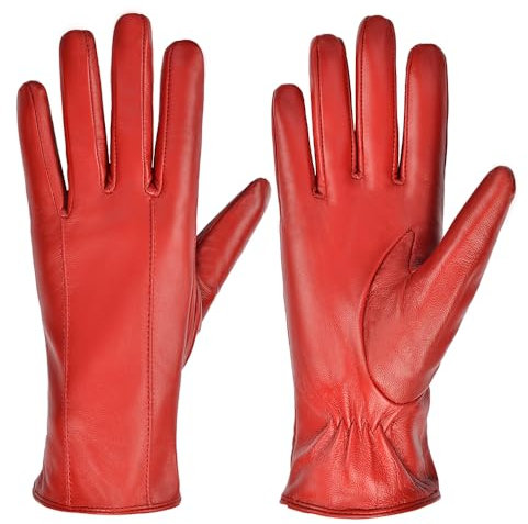 MGGMOKAY Damen Lederhandschuhe Touchscreen Handschuhe Warm Echtes Leder mit Kaschmir Gefüttert,Rot,L