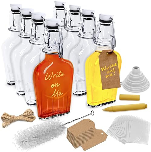 Nevlers 8 Pack 8.5 Oz Glass Flask for Liquor | 250 mL Swing Top Bottles For Use as Vanilla Extract Bottles | Flip Top Glass Bottle Set with Funnel, Paper Tags, Shrink Wraps, Bottle Brush & Gold Marker